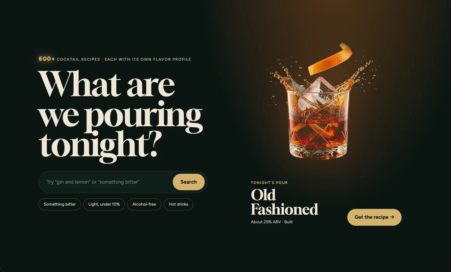 After: the rebuilt Drinky-Drink homepage with an Old Fashioned fully built