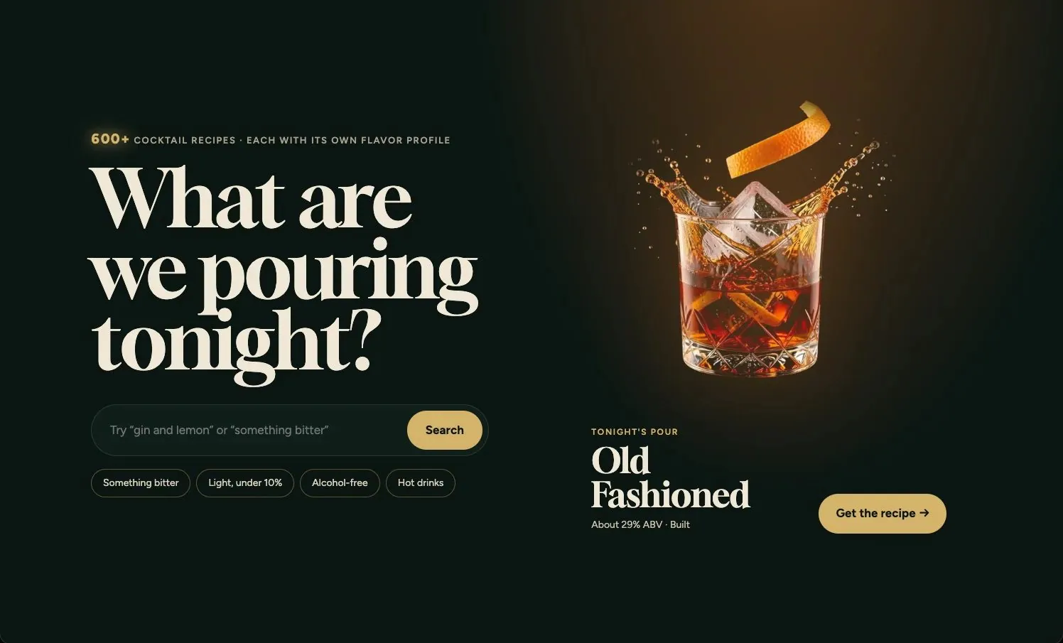 Drinky-Drink homepage with the Old Fashioned fully built