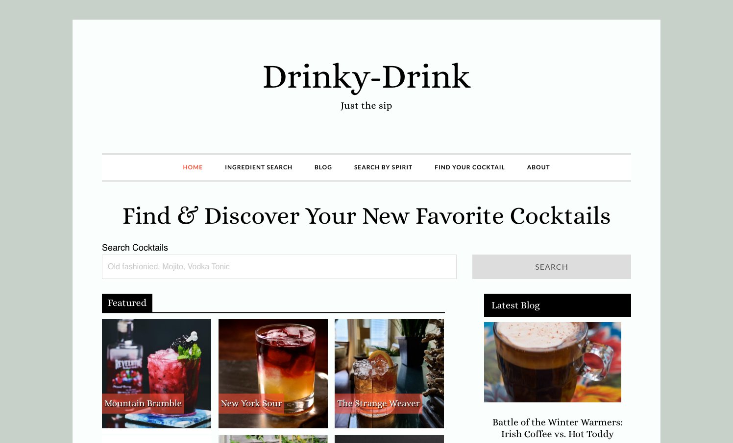 Before: the old WordPress homepage on a Genesis theme, with a search box and featured cocktail photos