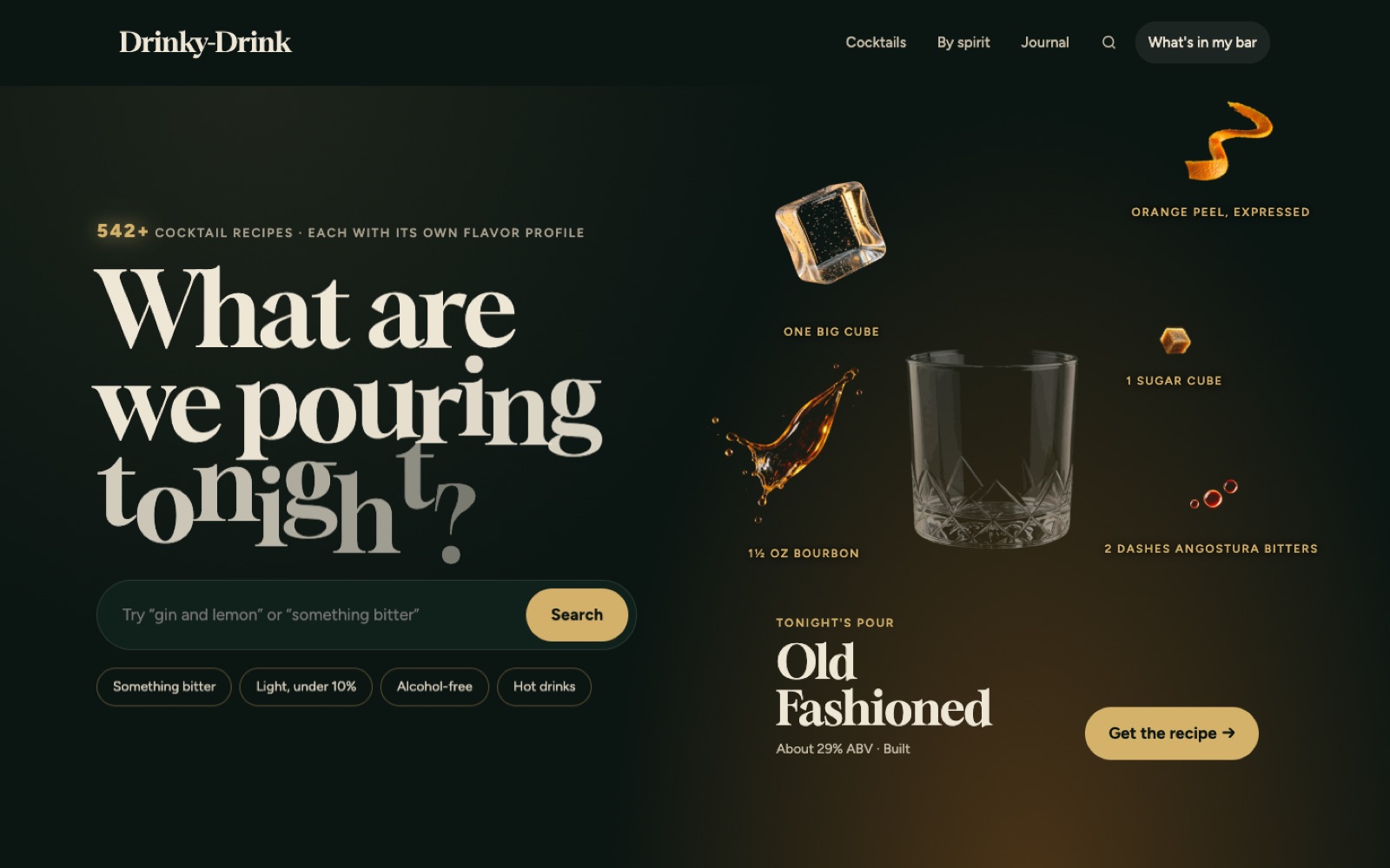Drinky-Drink homepage: the ingredients of an Old Fashioned floating apart