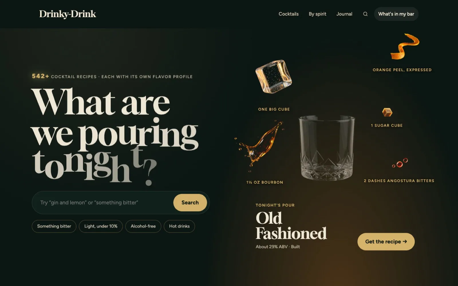 Drinky-Drink homepage with the cocktail ingredients floating apart