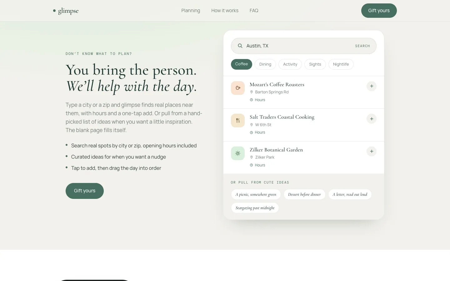 Glimpse place search: Austin, TX results with hours and an add button