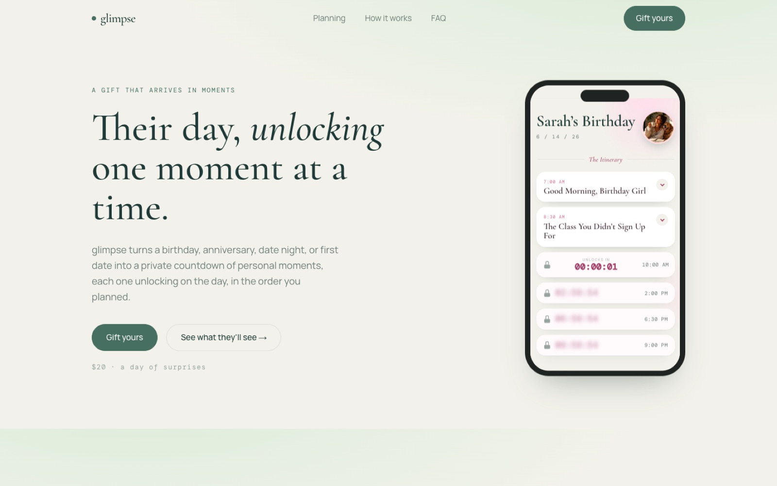 Glimpse homepage: a birthday itinerary on a phone, moments unlocking through the day