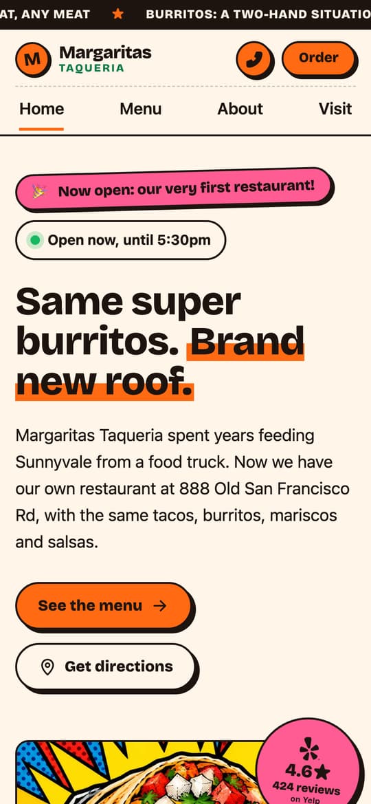 The proposed site on a phone: Now open banner, Open now badge, menu and directions buttons
