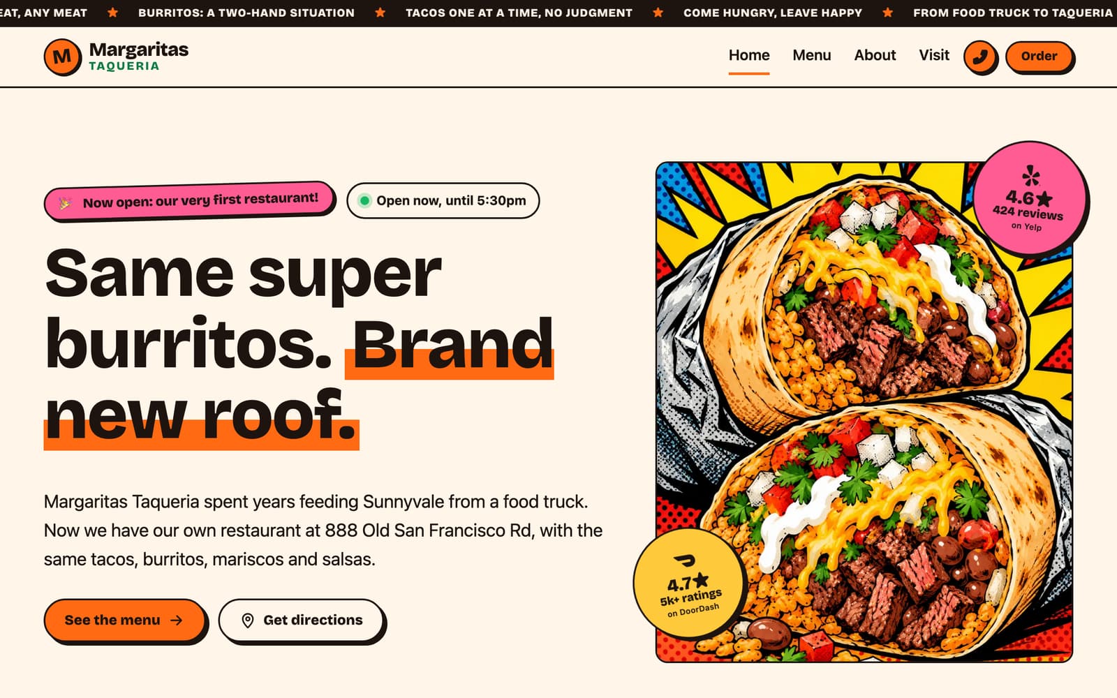 The proposed homepage: Now open banner, menu and directions up front