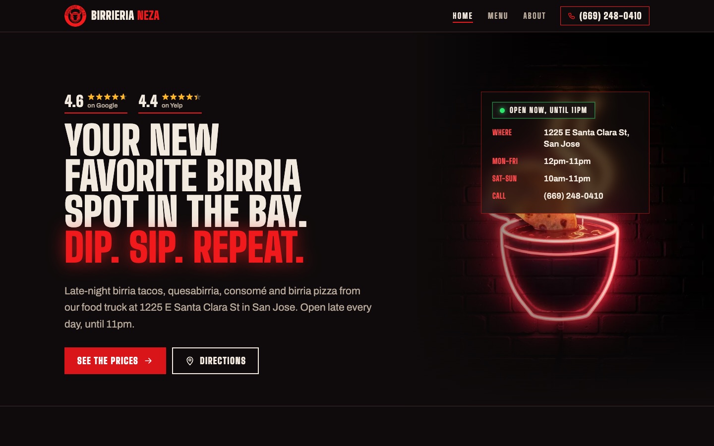 Proposed Birrieria Neza homepage: ratings, hours and a neon birria sign