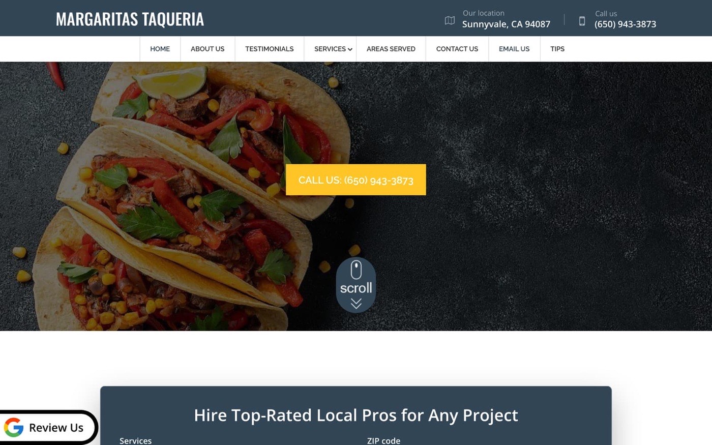 The current website: a generic services template with no menu