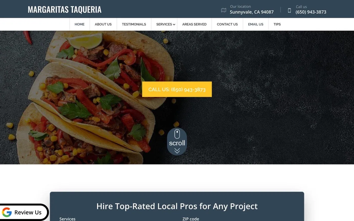 Margaritas Taqueria's current website, a generic services template
