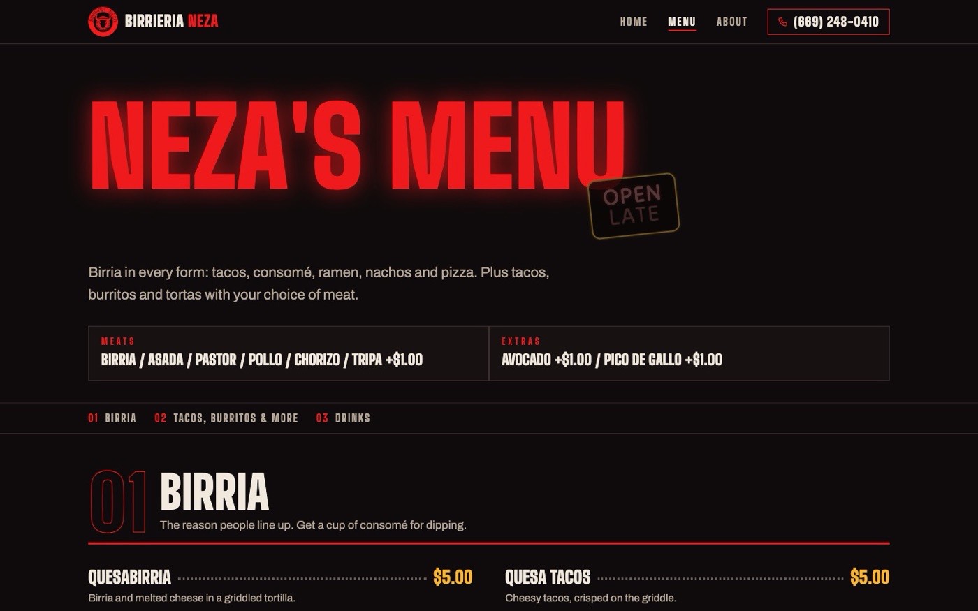 Desktop menu page: Neza's menu in red neon with an Open late sign, meats and extras, then the birria section with prices