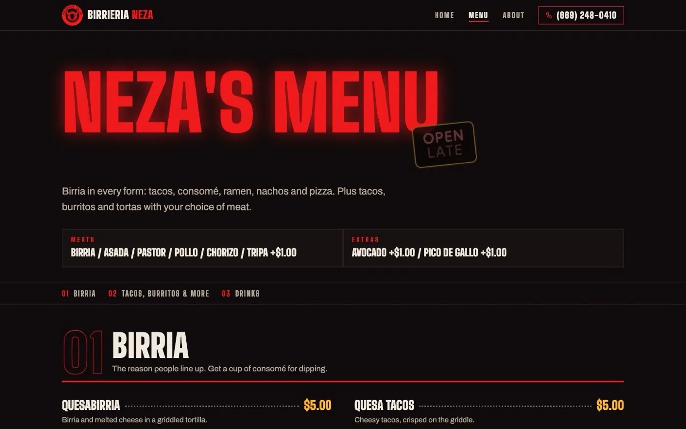 Proposed Birrieria Neza menu page with prices
